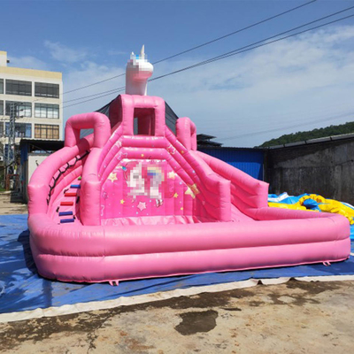 Taman Air Tanah Tiup Komersial Mobile Pink Princess Bouncer Dengan Pool Slide