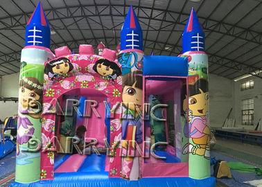 Pink Dora Cartoon Slide Inflatable Komersial Dengan Goyang Istana / Bouncy Slide