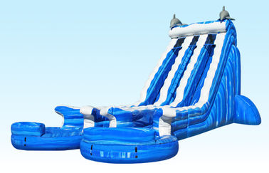 Blue 22 ft Dolphin Double lane Cali Ocean Inflatable Water Slides dengan PVC Tarpaulin Material