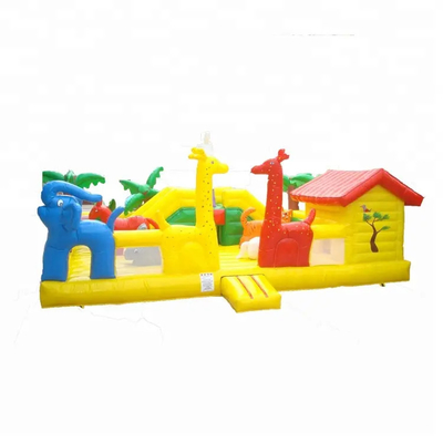 Tarpaulin Inflatable Amusement Park Childrens Bouncy Castle Dengan Slide Elephant Animal Theme