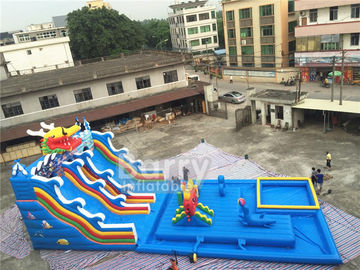 Musim panas Dragon Heald Blue Big Inflatable Water Slides Dengan Kolam Renang Untuk Hiburan Anak-Anak