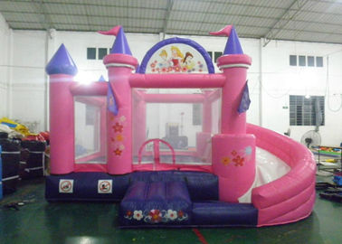 0,55mm Plato PVC Terpal Pink Princess Bouncy Castle Dengan Air Slide