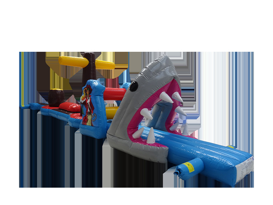 12M Shark Pirate Personalize Pool Peril Inflatable Obstacle Course Untuk Menyenangkan Air di Pantai Dan Kolam Renang