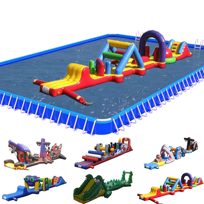 PVC di atas air Balapan rintangan yang bisa diembun jalur tunggal Aqua Run dengan slide untuk anak-anak dan orang dewasa