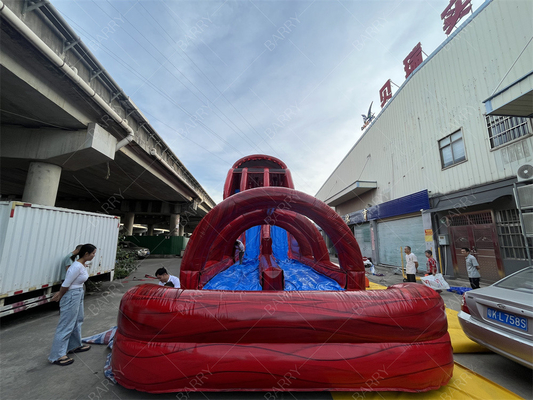 Pabrik Customized Komersial Merah Raksasa Water Slide Menyenangkan Inflatable Slip N Fly Zip Line Game Olahraga