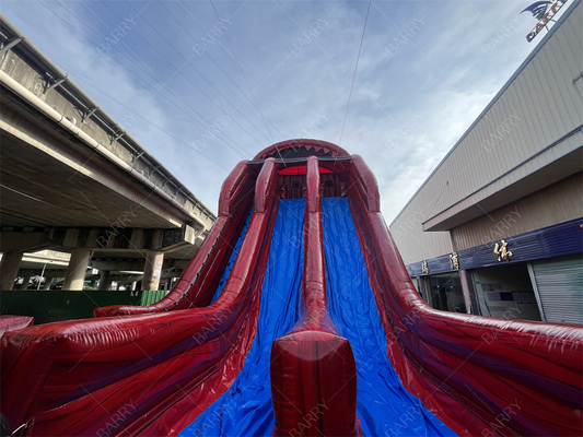 Pabrik Customized Komersial Merah Raksasa Water Slide Menyenangkan Inflatable Slip N Fly Zip Line Game Olahraga