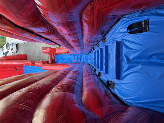 Pabrik Customized Komersial Merah Raksasa Water Slide Menyenangkan Inflatable Slip N Fly Zip Line Game Olahraga