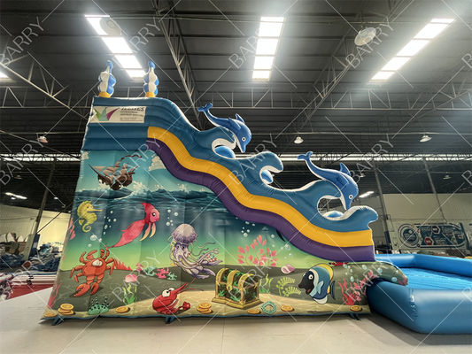 Penggunaan Dalam & Luar Ruangan Seluncuran Air Tiup Renang Jalur Ganda Hiu Biru Untuk Anak-Anak di Pusat Perbelanjaan