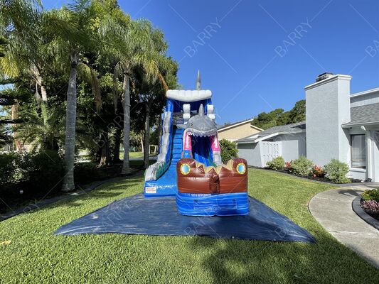 Kolam Renang Taman Air Tiup PVC Tebal Tema Hiu dengan Kolam Air Seluncuran untuk Anak-anak