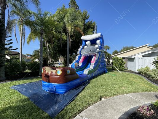 Kolam Renang Taman Air Tiup PVC Tebal Tema Hiu dengan Kolam Air Seluncuran untuk Anak-anak