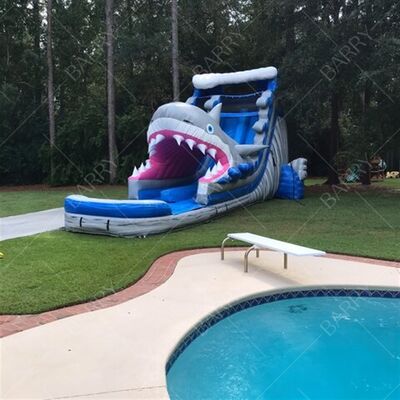 Indoor Outdoor Castillo Inflable Bouncer Shark Theme Slide Dengan Kolam Kolam Air Inflatable Double Slides Untuk Anak-anak
