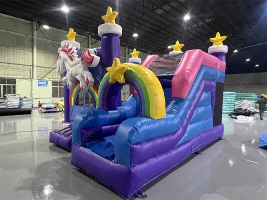 Rumah Balon Unicorn Kelas Komersial dengan Perosotan Tema Pelangi Bintang Tiup Combo untuk Pesta & Acara Anak