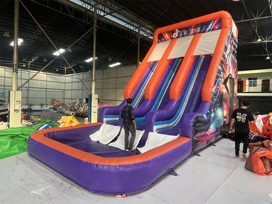 Commercial Grade Double Lane Inflatable Slide With Pool, Trendy Neon/TikTok Themed Dry/Wet Slide Untuk Pesta Sewa & Acara Sistem Mainkan Anak-anak