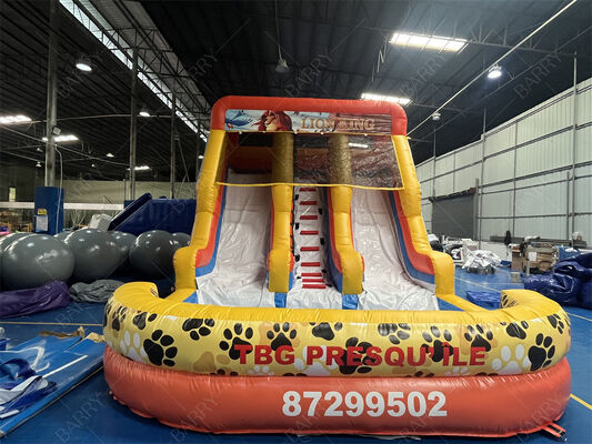 Slide Air Inflatable Lion King Berkualitas Komersial Dengan Kolam Renang, Slide Air Kering / Basah 3 Jalur Untuk Sewa Bisnis & Acara Keluarga