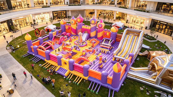 Magic Purple Castle Inflatable Fun City All-in-One Bounce & Obstacle Course dengan Giant Slide PVC komersial untuk tempat lalu lintas tinggi & rental pesta