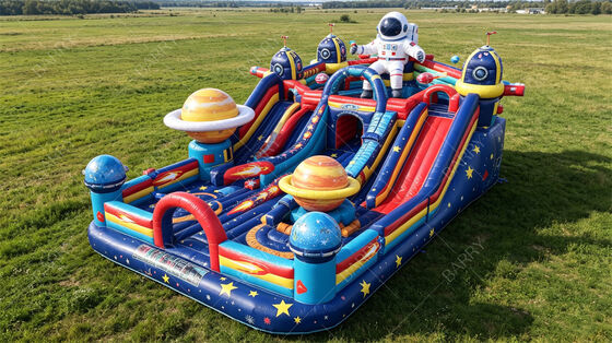 Purple Galaxy Astronaut Inflatable Playground. Castle Bounce bertema pendidikan dengan slide & planetary obstacles. PVC komersial untuk acara sekolah & museum.