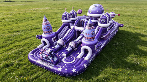 Kota Bersenang-senang yang Bisa Diembun bertema Galaksi. Shuttle Luar Angkasa & Planet Bounce Park dengan Slide & Hambatan. PVC Komersial untuk Bisnis Sewa & Aktivitas Mall.