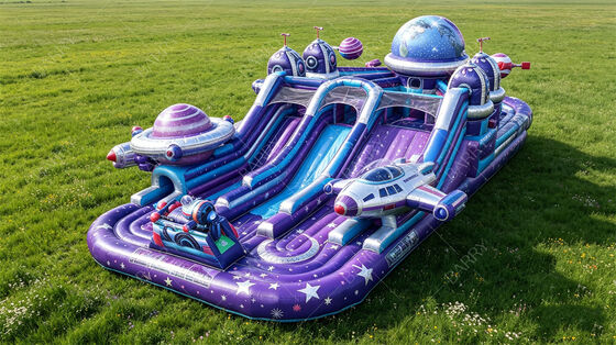 Taman Bermain Tiup Pangkalan Galaxy Moon Ungu | Kastil Bouncing Luar Angkasa Kelas Komersial dengan Fitur Perosotan, Lubang Bulan & Astronot | Untuk Bisnis Penyewaan & Festival