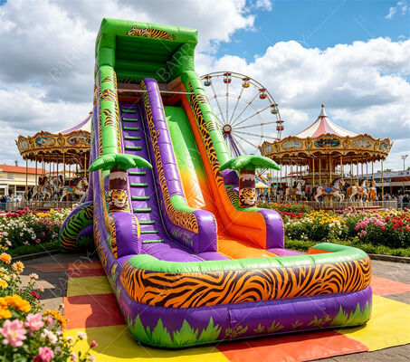 18ft Tinggi Safari Tiger Cetak Inflatable Water Slide