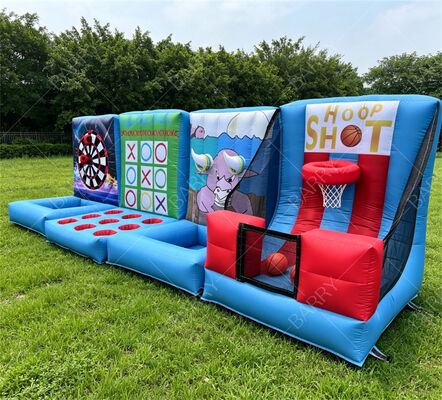 Stasiun Permainan Karnaval Tiup 4-in-1 – Kombo Bola Basket, Dart, Tic-Tac-Toe & Bullseye Challenge