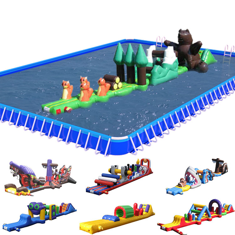 PVC di atas air Balapan rintangan yang bisa diembun jalur tunggal Aqua Run dengan slide untuk anak-anak dan orang dewasa