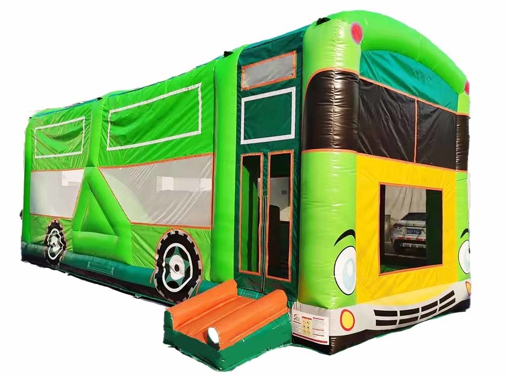 Komersial Dewasa Anak-anak Pastel Partai Bus Sekolah Bounce House Dengan Slide Kecil Dan Kursus Hambatan