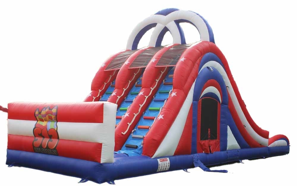 Indoor / Outdoor Fun And Play Amerika 3 Lane Water Slide Bounce House Combo Dengan Tangga di Belakang