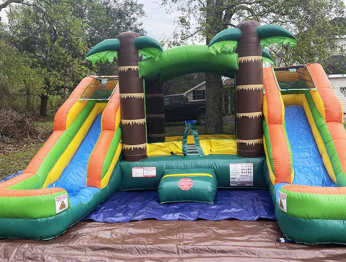 Dingin Atau Kering Double Slide Tropical Bounce House Combo Jumping Castle Untuk Anak-anak