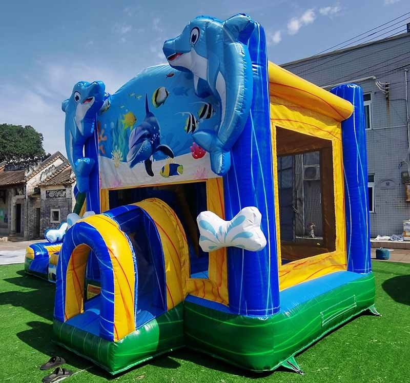 Custom Made Dolphin Bounce House With Slide Underwater World Theme Jumping Castle Untuk Anak-anak