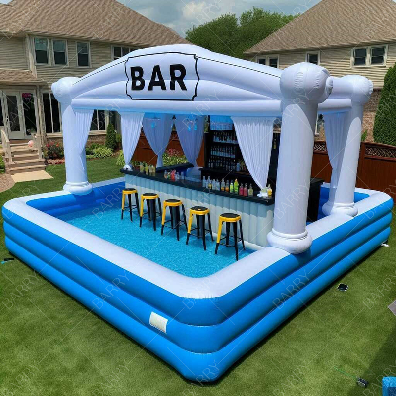 Desain Baru Floating Pvc Inflatable Pool Bars Backyard Adult Inflatable Pool Dengan Bar Dengan Kursi