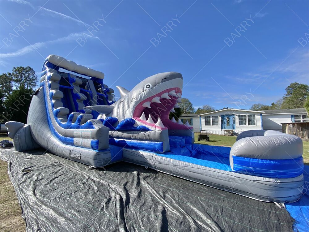 Indoor Outdoor Castillo Inflable Bouncer Shark Theme Slide Dengan Kolam Kolam Air Inflatable Double Slides Untuk Anak-anak