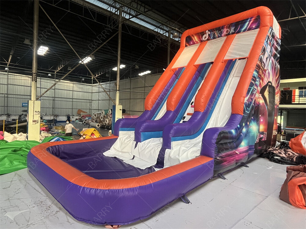 Commercial Grade Double Lane Inflatable Slide With Pool, Trendy Neon/TikTok Themed Dry/Wet Slide Untuk Pesta Sewa & Acara Sistem Mainkan Anak-anak