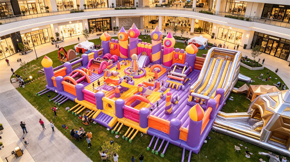 Magic Purple Castle Inflatable Fun City All-in-One Bounce & Obstacle Course dengan Giant Slide PVC komersial untuk tempat lalu lintas tinggi & rental pesta