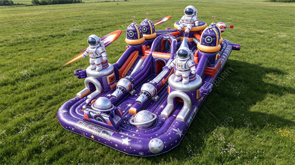 Purple Galaxy Astronaut Inflatable Playground. Castle Bounce bertema pendidikan dengan slide & planetary obstacles. PVC komersial untuk acara sekolah & museum.
