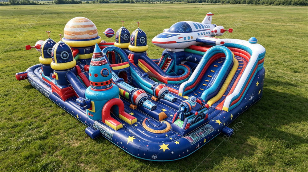 Kota Bersenang-senang yang Bisa Diembun bertema Galaksi. Shuttle Luar Angkasa & Planet Bounce Park dengan Slide & Hambatan. PVC Komersial untuk Bisnis Sewa & Aktivitas Mall.