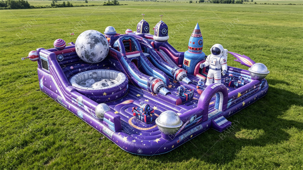 Taman Bermain Tiup Pangkalan Galaxy Moon Ungu | Kastil Bouncing Luar Angkasa Kelas Komersial dengan Fitur Perosotan, Lubang Bulan & Astronot | Untuk Bisnis Penyewaan & Festival