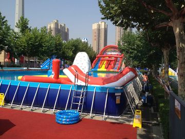 Commercial Metal Frame Pool Red Water Slide Pool Dengan Mainan Mengambang